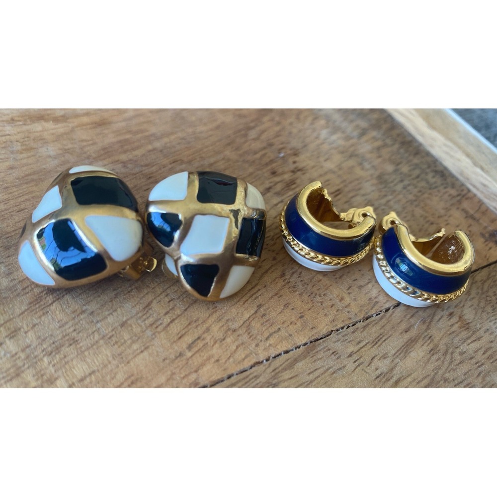 Two pairs Vintage 1980's Designer Enamel Gold-Tone Clip On Earrings